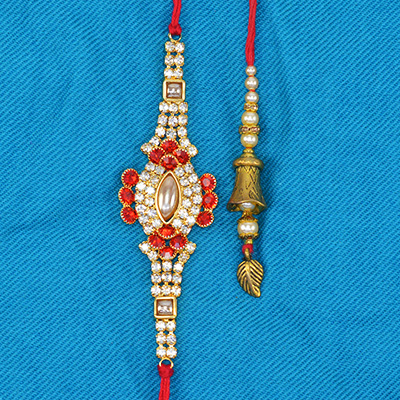 Floral Shape Jewel Studded Mauli Thread Brother Rakhi with Attractive Lumba Rakhi Set of Bhaiya Bhabhi