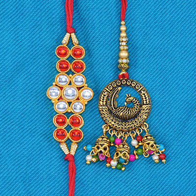 Colorful Jewel Studded Brother Rakhi with Peacock Designer Ring Shape Lumba Rakhi Set of Bhaiya Bhabhi 