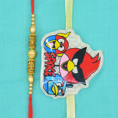 Golden Jewels and Beads Thread Amazing Brother Rakhi with Space Game Cartoon Rakhi for Kid