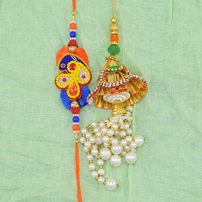 Zardosi Pattern Peacock Design Brother Rakhi with Lots of Beads Hanging Rich Looking Lumba Rakhi