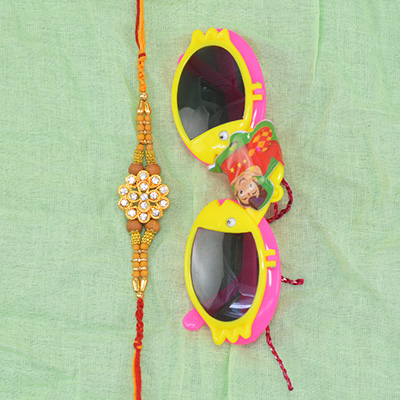 Sandalwood Pattern Jewel Studded Attractive Bhai Rakhi with Kid Goggles Rakhi