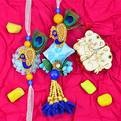 2 Blue Peacock Design Bhaiya Bhabhi Rakhis with 1 Wooden Teddy Rakhi for Kid