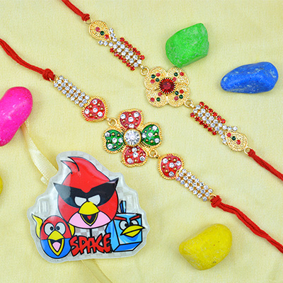 Unique Design 2 Golden Color Amazing Brother Rakhis with One Angry Bird Kid Rakhi