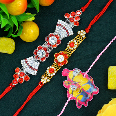 Silver and Golden Color Brother Rakhi Pair with One Kid Minions Rakhi Set of 3 Rakhis