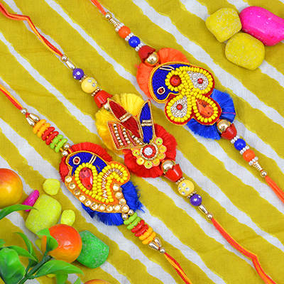 Colorful Zardosi Work Handmade Brother Rakhis Set of 3 Rakhi Set