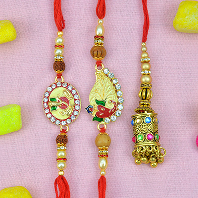 Colorful Diamond Studded Golden Lumba Bhabhi Rakhi with Tow Golden Color Brother Rakhis Set of 3