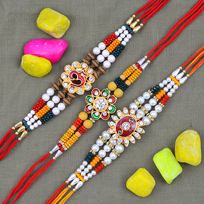 Flower Designs Rich Looking Colorful Beaded Rakhis for Brother Set of 3 Rakhis