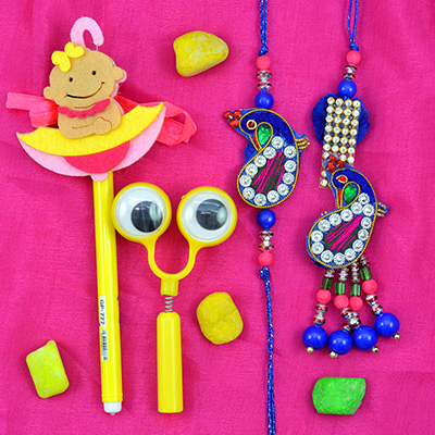 Peacock with Hanging Colorful Beads Bhaiya Bhabhi Rakhi with Yellow Color New Kid Rakhi