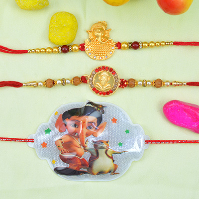 Fascinating Combo of Two Brother Ganesha Rakhi with One Kid Ganesha Rakhi Set of 3