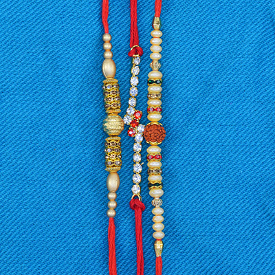 Divine Rudraksha Beads and Jewels Different Pattern Rakhis for 3 Brothers