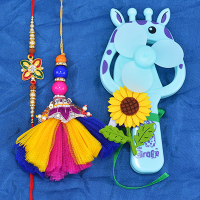 Floral Design Meena Work Brother Rakhi with Marvelous Lumba Rakhi and Fan Toy Sunflower Kid Rakhi