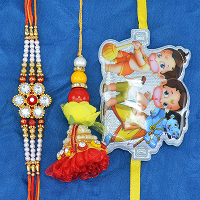 Diamond Studded Floral Rakhi with Zardosi Work Lumba and Cartoon Character Kids Rakhi