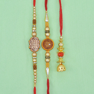 Veera Written and Shri Ganesha Crafted Beads 2 Brother Rakhis with Mauli Thread Lumba Rakhi
