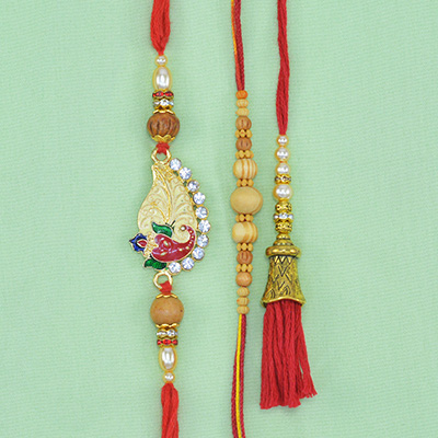 Shri Ganesha Leaf Design Rakhi with Sandalwood 2 Brother Rakhis with Red Thread Jewel Lumba Rakhi