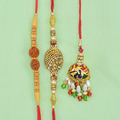 Rudraksha and Amazing Work Golden Rakhi for 2 Brothers with Single Hanging Beads Rakhi 