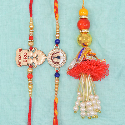 Amazing Bro Written and Peacock Designer Beads 2 Brother Rakhis with Colorful Lumba Rakhis Set of 3