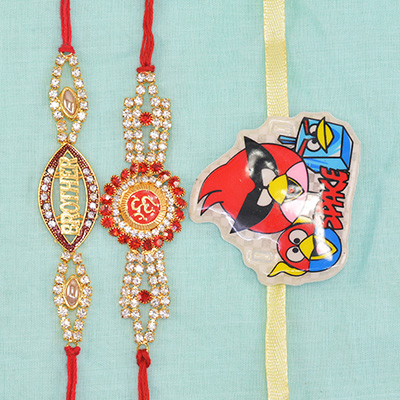 Brother and Om Written Jewel 2 Dazzling Brother Rakhis with Space Game Angry Bird Rakhi Set of 3