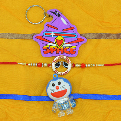 Worlds Best Brother Written Brother Rakhi with Angry Bird and Doremon Kid Rakhi Set of 3