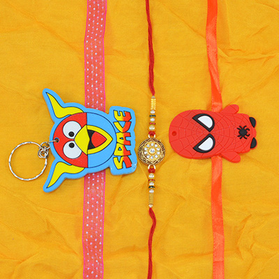 Space Game Angry Bird and Spider Man Kids Rakhi with Golden Color Jewel Studded Brother Rakhis