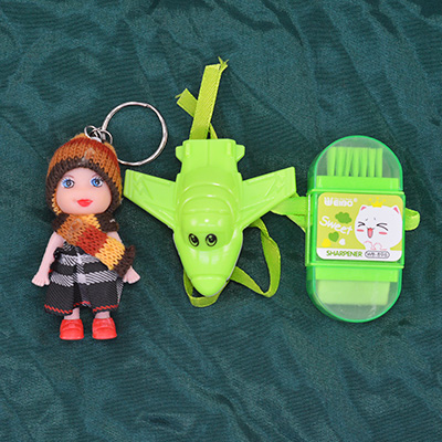 Doll Keychain Rakhi with Airplane and Sharpener Toys Rakhi for Both Girl and Boy Kids
