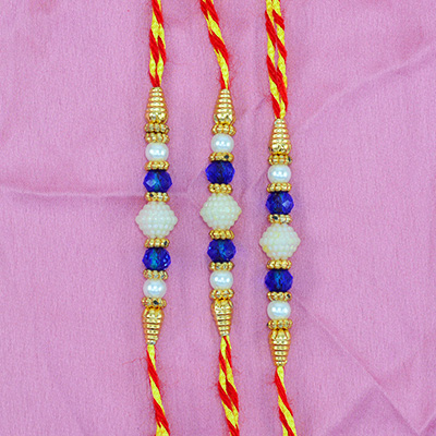 White and Blue Beads in Sacred Mauli Amazing 3 Rakhis for Brother