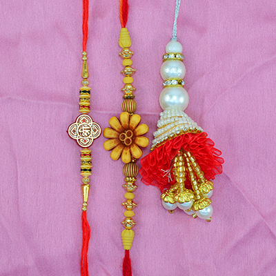 Shri Written and Flower Special Two Amazing Brother Rakhis with Red Color Awesome Lumba Rakhi