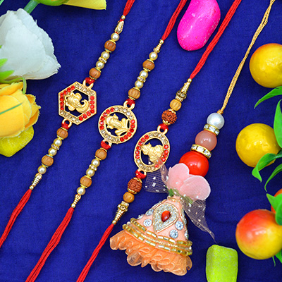Nice Looking 3 Golden Color with Beads Bhaiya Rakhi with One special Bhabhi Rakhi Set of 4