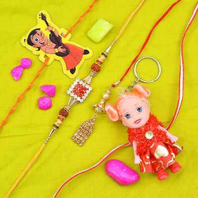 Chhota Bheem and Doll Kid Rakhis Set with Amazing Pair of Jewel Studded Bhaiya Bhabhi Rakhis