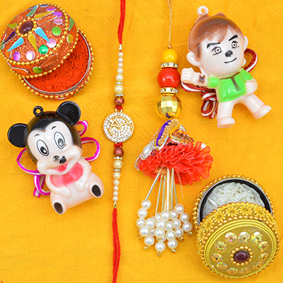 2 Cartoon Character Kid Rakhi with 1 jewel Studded Brother and 1 Hanging Beads Bhabhi Rakhi Set of 4