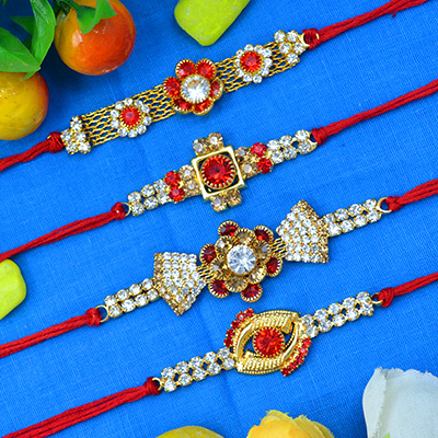 Marvelous Flower Shape Jewel Studded Red and White Color Amazing 4 Brother Rakhis Set