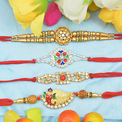 Red Threaded Mauli and Golden Beaded Flower Shape Brother Rakhis Collection of 4