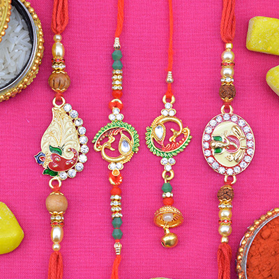 Bhaiya Bhabhi Rakhi Set with 2 Jewel Studded Colored 2 Brother Rakhis Collection of 4 Rakhis