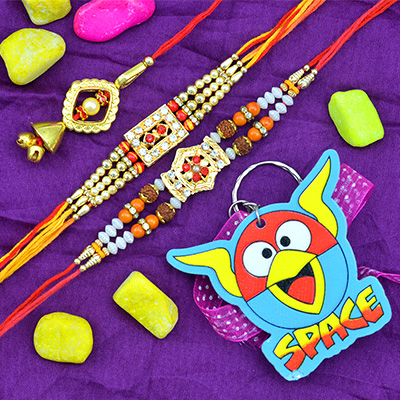 Golden Colored Heavy Work Beaded 2 Brother Rakhis with One Lumba and 1 Angry Bird Kid Rakhis Set of 4