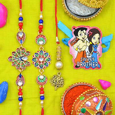 Kundan and Meena Work Peacock Color 2 Brother Rakhis 1 Golden Lumba and 1 Kid Rakhi Set of 4 