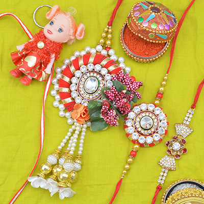 Heavy Work Rich Look Bhaiya and Bhabhi Rakhi Pair with One Small Brother and One Doll Kid Rakhis Set of 4