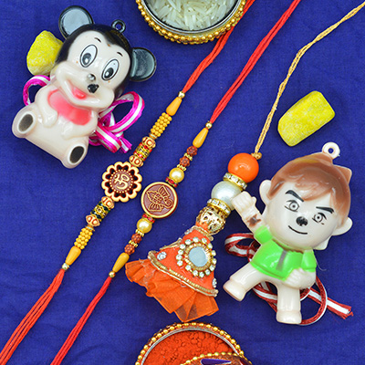 1 Orange Lumba 2 Sacred Brother Rakhis with Cartoon Toy Type Kid Rakhis Set of 5 Rakhis