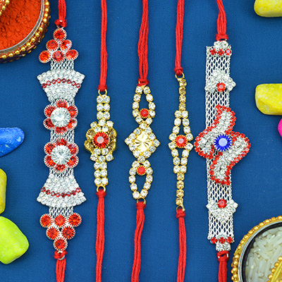 Marvelous Collection of Red, Silver and Golden Color Jewel Brother Rakhis Set of 5 Brother Rakhis