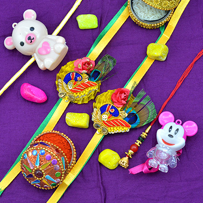 2 Toy Kids Rakhi with One new Designed Peacock Bhaiya Bhabhi Rakhi Set and 1 Lumba Rakhi Set of 5