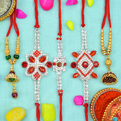 Red Beaded and jewel Studded 3 Brother Rakhis Set with 2 Multi Threaded Lumba Rakhi for Bhabhi