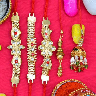 Bracelet Type Looking 3 Golden Color Jewel Brother Rakhis with 2 Elegant Lumba Rakhi Set of 5