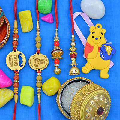 Best Bhai and Bhai 2 Brother Rakhis with 2 Beaded Lumba and 1 Poo Kid Rakhi Collection of 5