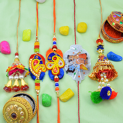 Peacock Designer Bhaiya Bhabhi Rakhi Set with 2 Lumba and 1 Kid Rakhi Collection of 5 Rakhis