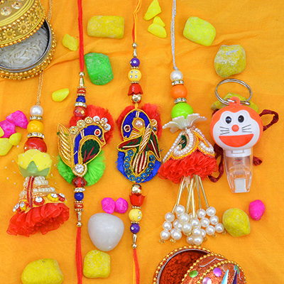 Lovely Peacock Colorful Bhaiya Bhabhi Rakhi with 2 Lumba and One Toy Kid Rakhis Set of 5