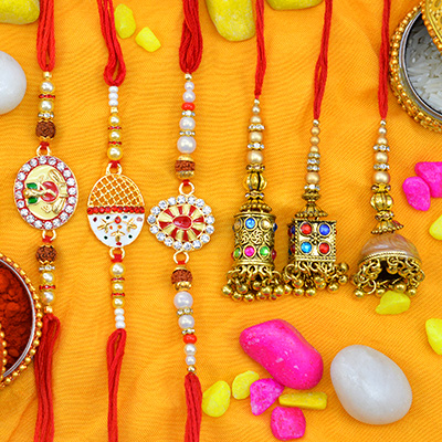 Amazing Designs Jewel Studded Golden Color Bhaiya Bhabhi Rakhi Set of 6