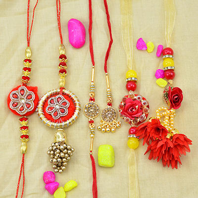Flower Shape Red Colored Stunning 3 Brother and 3 Lumba Rakhi Set of 6
