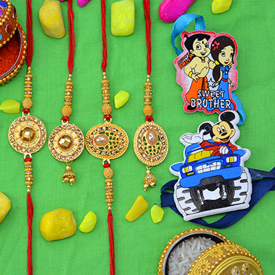 Kundan Studded Golden Color Designed 2 Bhaiya Bhabhi Rakhi Set with 2 Kids Rakhi Set of 6