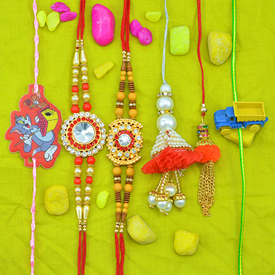Diamond in Middle and Beaded 2 Brother Rakhis with 2 Lumba for Bhabhi and 2 Kids Rakhi Set of 6