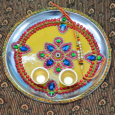 Designer Yellow Base Jewel Colorful Rakhi Pooja Thali 