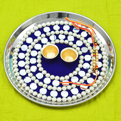 Amazing Art of Mirrors and Beads Blue Base Beautiful Rakhi Pooja Thali