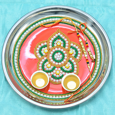 Amazing Work of Art of Beads and Jewel Red Base Rakhi Pooja Thali